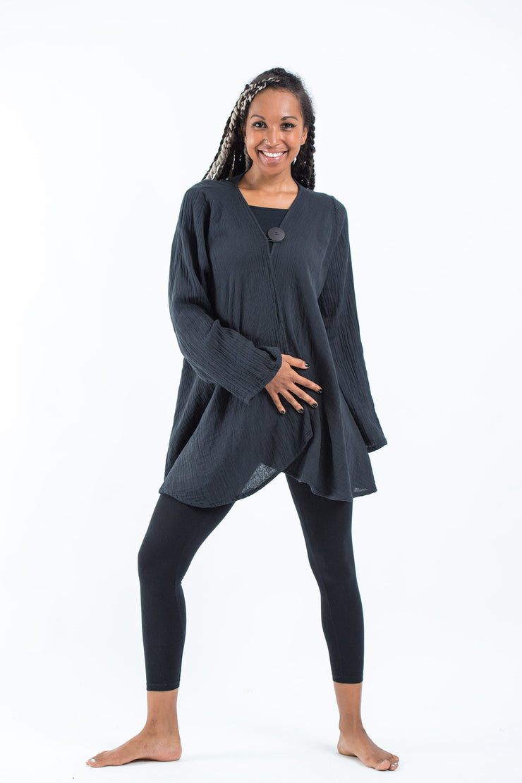 Women's Crinkled Hill Tribe Cotton Cardigan in Black