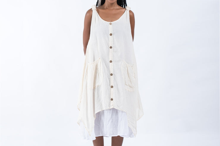 Crinkled Hill Tribe Cotton Tank Dress in Off White