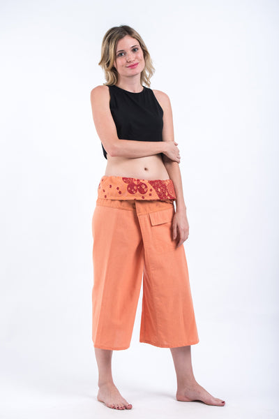 Women's Cropped Fisherman Pants with Pattern Waist Band in Light Orange