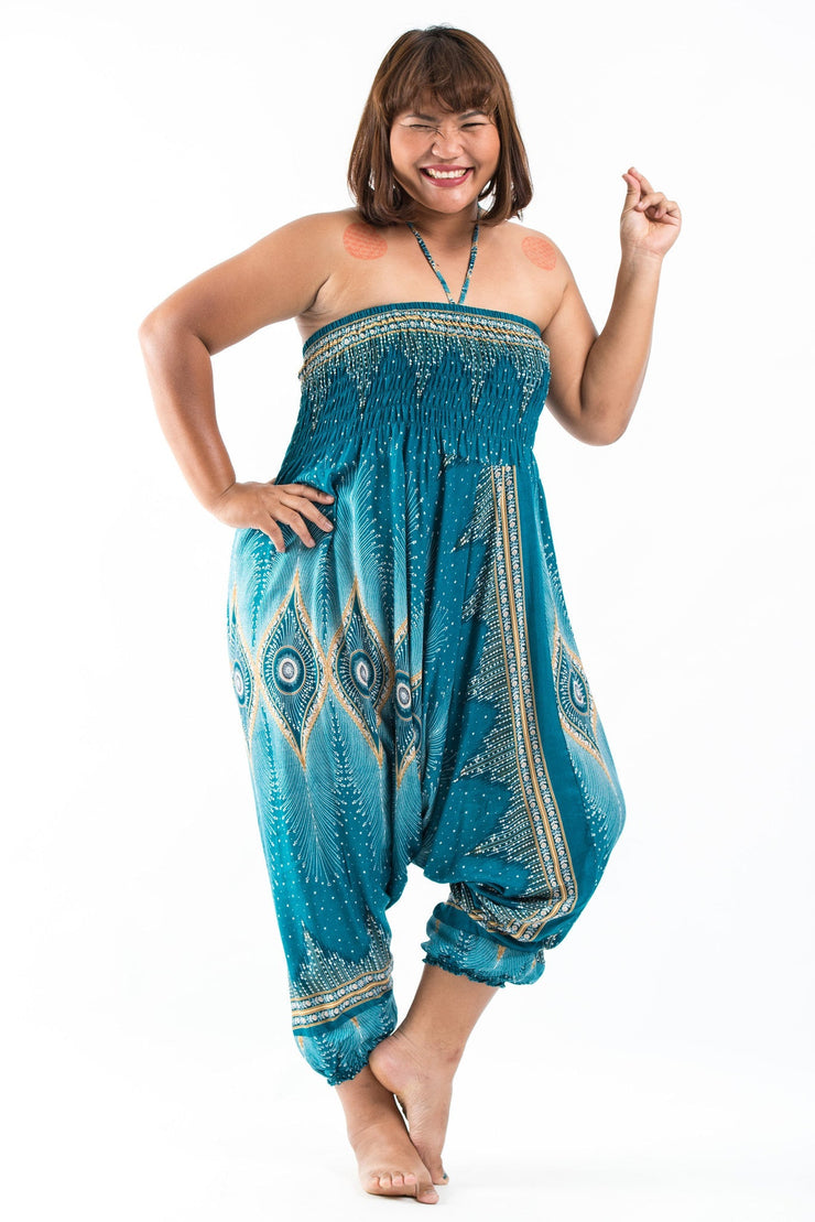 Plus Size Diamond Peacock 2-in-1 Jumpsuit Harem Pants in Turquoise