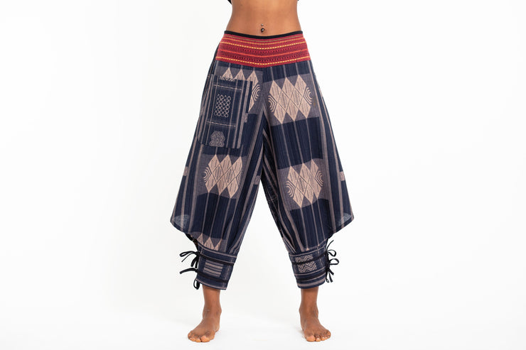 Thai Hill Tribe Fabric Women's Harem Pants with Ankle Straps in Artisan Blue