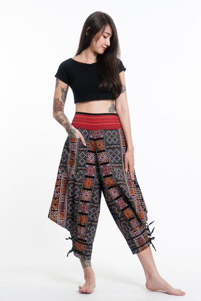 Clovers Thai Hill Tribe Fabric Women's Harem Pants with Ankle Straps in Black