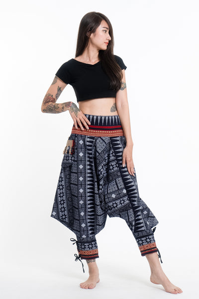 Traditional Prints Thai Hill Tribe Fabric Women's Harem Pants with Ankle Straps in Navy