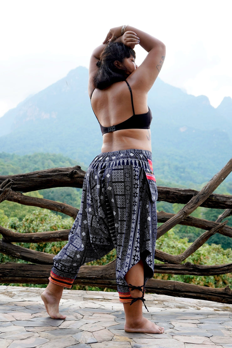 Plus Size Traditional Prints Thai Hill Tribe Fabric Women's Harem Pants with Ankle Straps in Navy