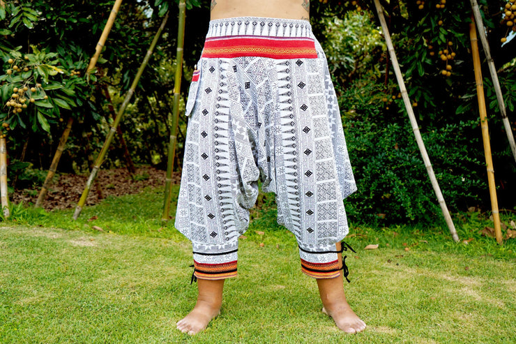 Plus Size Traditional Prints Thai Hill Tribe Fabric Women's Harem Pants with Ankle Straps in White