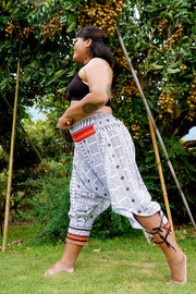 Plus Size Traditional Prints Thai Hill Tribe Fabric Women's Harem Pants with Ankle Straps in White