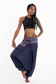 Pinstripe Cotton Low Cut Women's Harem Pants With Hill Tribe Trim Navy