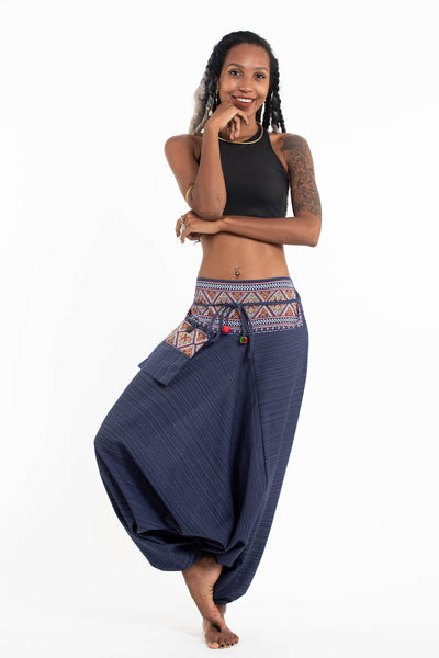 Pinstripe Cotton Low Cut Women's Harem Pants With Hill Tribe Trim Navy