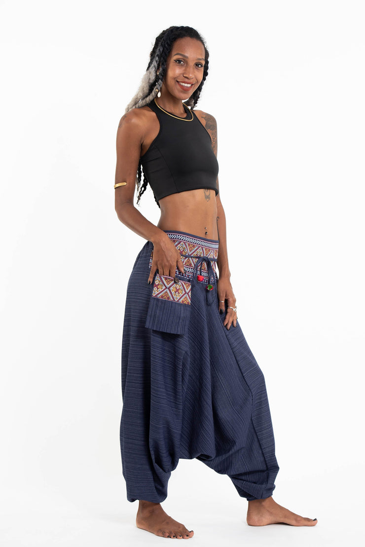 Pinstripe Cotton Low Cut Women's Harem Pants With Hill Tribe Trim Navy