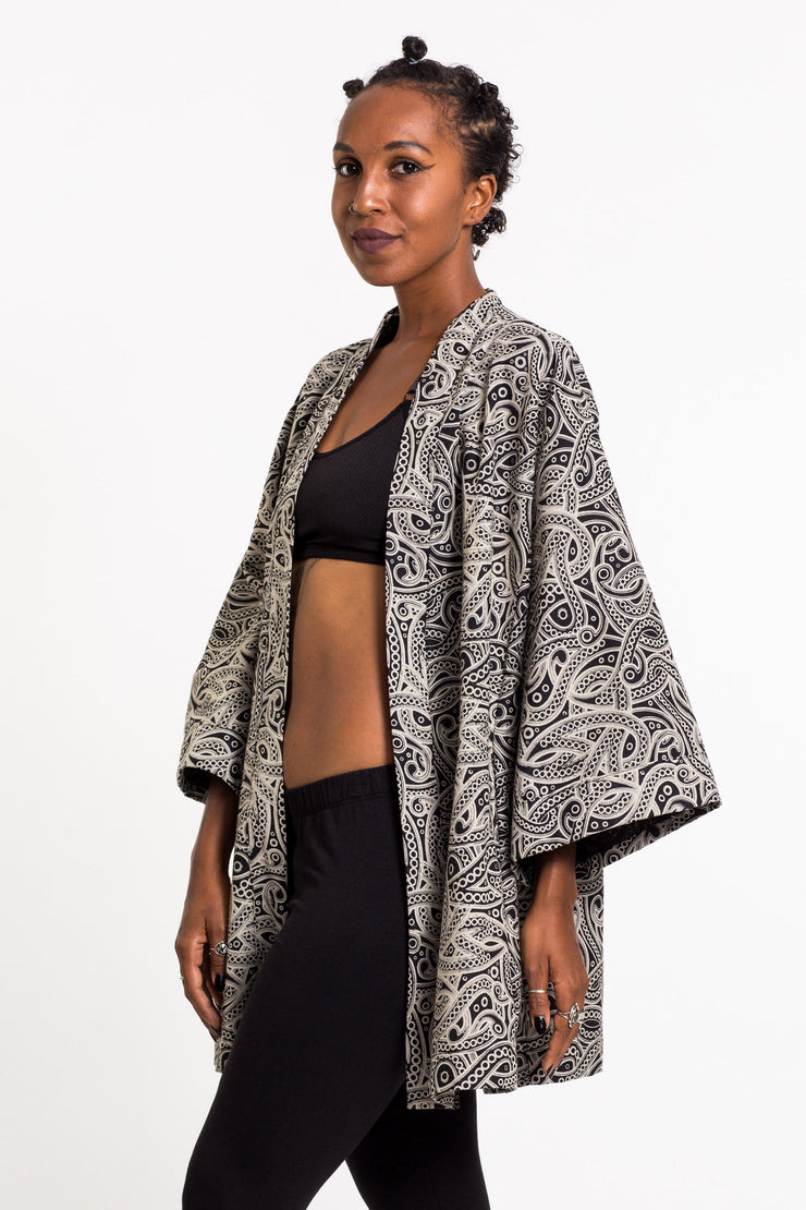 Paisley Print Cotton Kimono Cardigan in Black