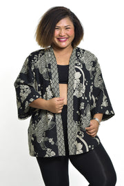 Koi Fish Print Cotton Kimono Cardigan in Black