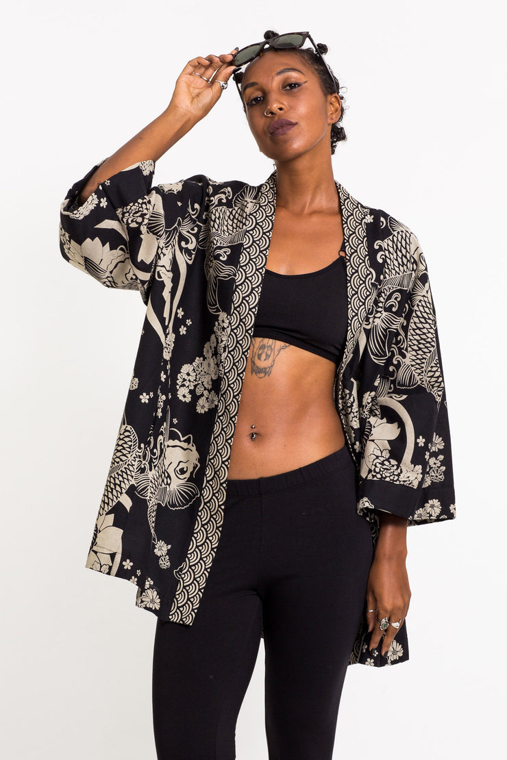 Koi Fish Print Cotton Kimono Cardigan in Black