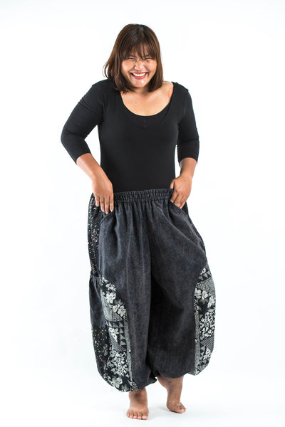 Plus Size Stone Washed Patchwork Women Unisex Pants in Black