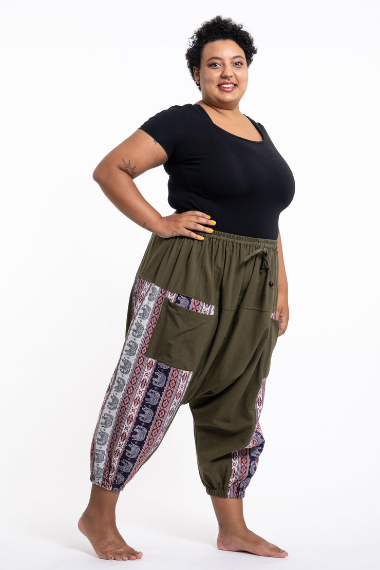 Plus Size Elephant Aztec Cotton Women's Harem Pants in Green