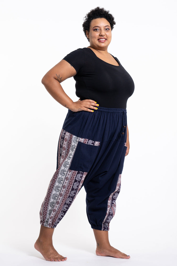 Plus Size Elephant Aztec Cotton Women's Harem Pants in Navy