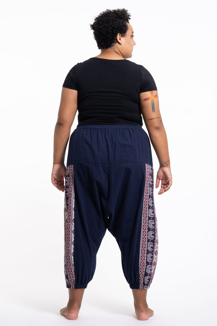 Plus Size Elephant Aztec Cotton Women's Harem Pants in Navy