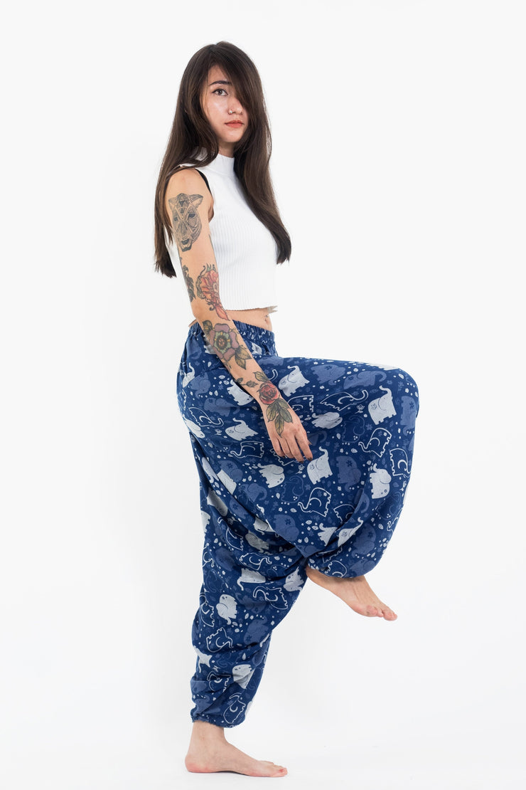 Elephant Prints Women's Low Cut Cotton Harem Pants in Indigo