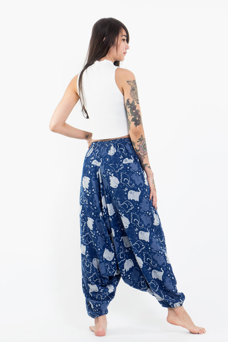 Elephant Prints Women's Low Cut Cotton Harem Pants in Indigo