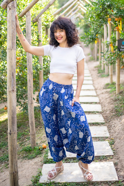 Elephant Prints Women's Low Cut Cotton Harem Pants in Indigo