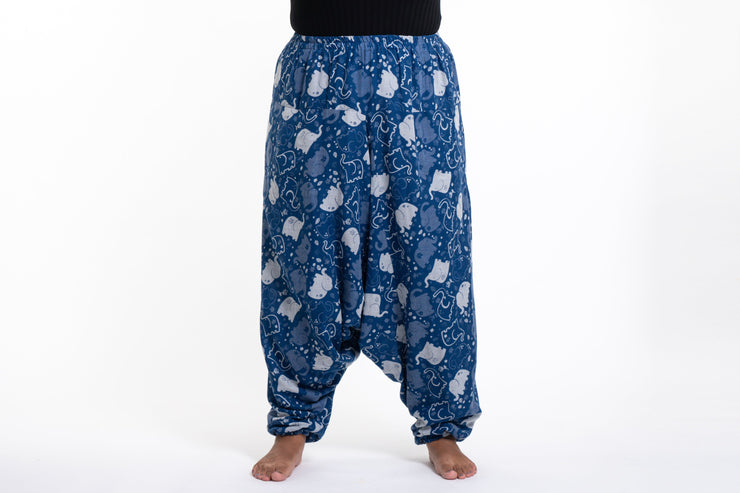 Plus Size Elephant Prints Women's Low Cut Cotton Harem Pants in Indigo