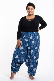 Plus Size Elephant Prints Women's Low Cut Cotton Harem Pants in Indigo