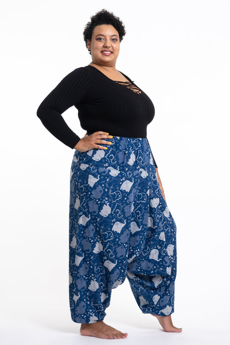 Plus Size Elephant Prints Women's Low Cut Cotton Harem Pants in Indigo