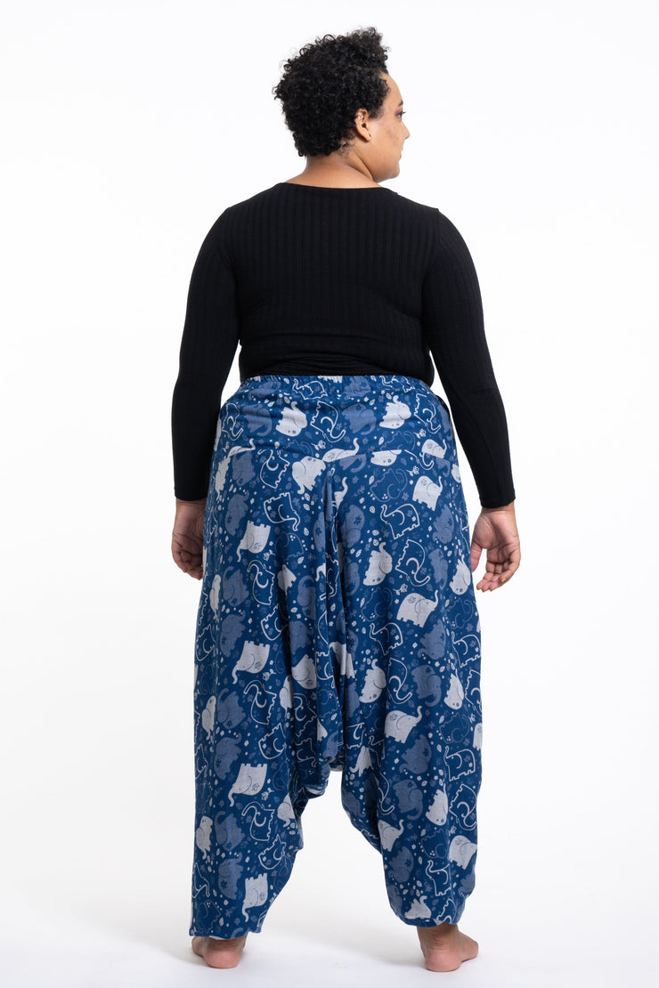 Plus Size Elephant Prints Women's Low Cut Cotton Harem Pants in Indigo