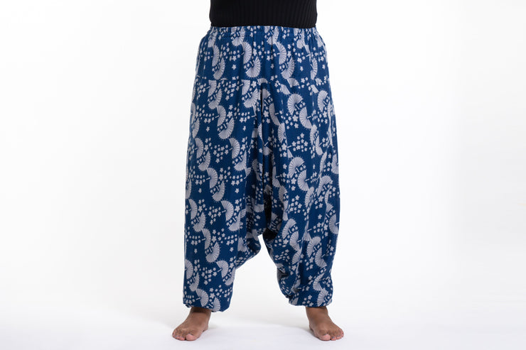 Plus Size Fan Prints Women's Low Cut Cotton Harem Pants in Indigo