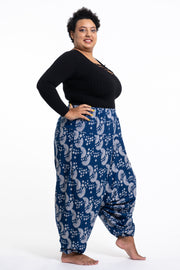 Plus Size Fan Prints Women's Low Cut Cotton Harem Pants in Indigo