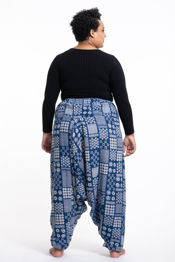 Plus Size Patchwork Prints Women's Low Cut Cotton Harem Pants in Indigo