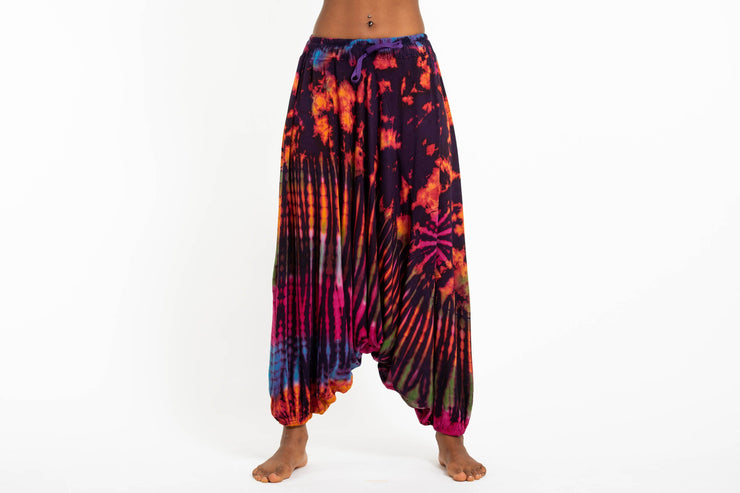 Tie Dye Women's Spandex Cotton Low Cut Harem Pants in Purple