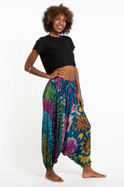 Tie Dye Women's Spandex Cotton Low Cut Harem Pants in Blue