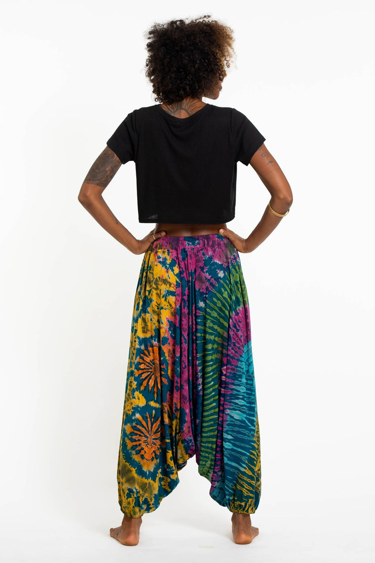 Tie Dye Women's Spandex Cotton Low Cut Harem Pants in Blue