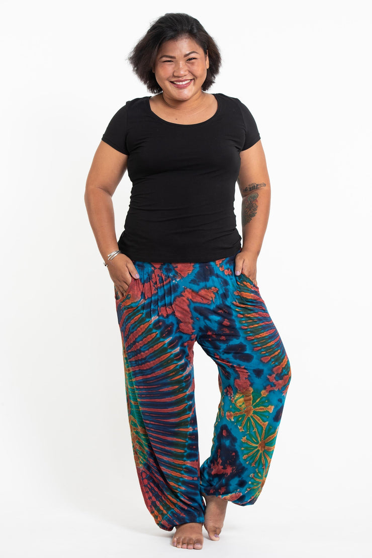 Plus Size Tie Dye Cotton Women Harem Pants in Blue Rainbow