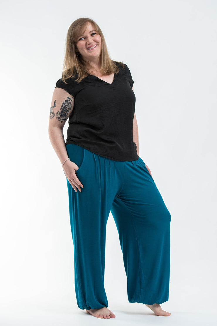 Plus Size Cotton Women Harem Pants in Solid Blue