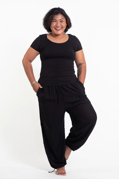 Plus Size Solid Color Drawstring Women's Yoga Massage Pants in Black