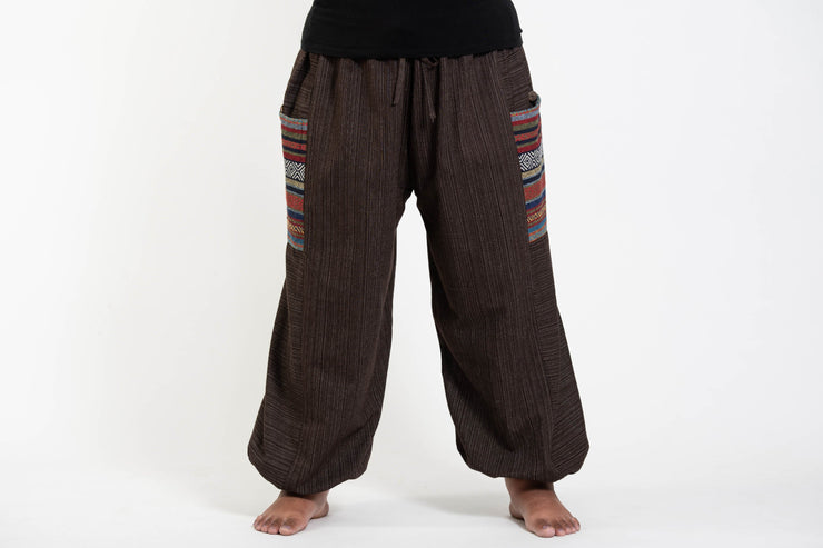 Plus Size Women's Drawstring Pinstripes Cotton Pants with Aztec Pocket in Brown