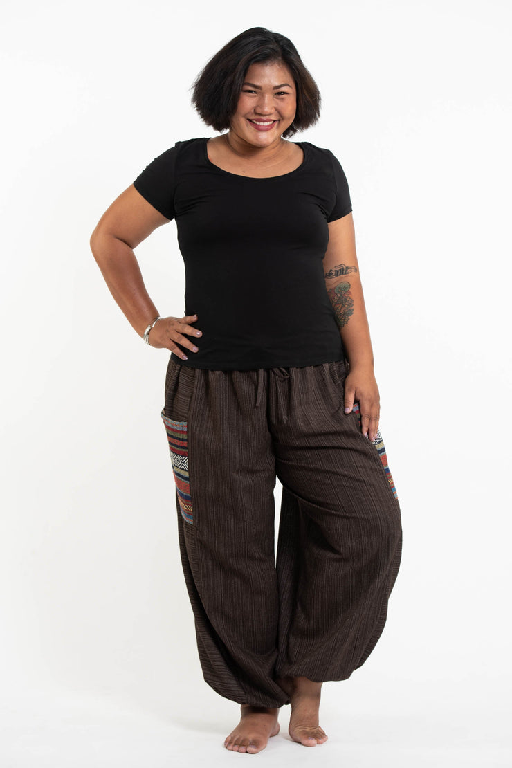 Plus Size Women's Drawstring Pinstripes Cotton Pants with Aztec Pocket in Brown