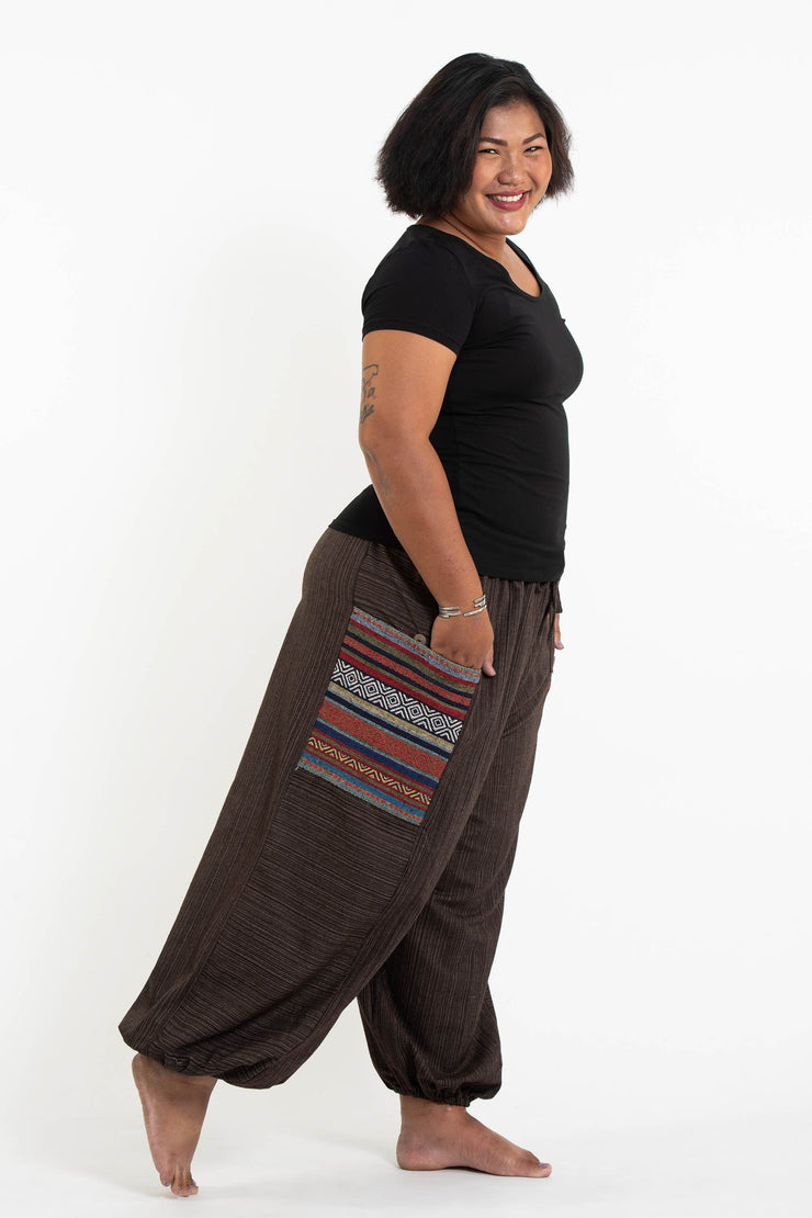 Plus Size Women's Drawstring Pinstripes Cotton Pants with Aztec Pocket in Brown