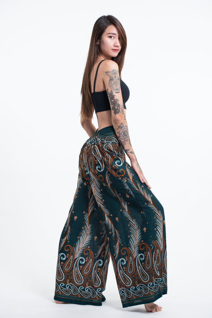 Paisley Feathers Palazzo Style Harem Pants in Green