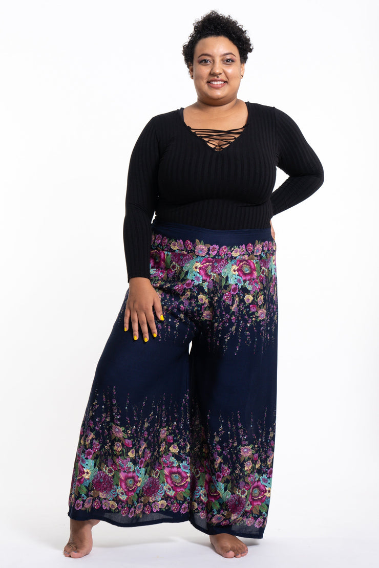 Plus Size Floral Palazzo Style Harem Pants in Blue