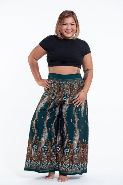 Plus Size Paisley Feathers Palazzo Style Harem Pants in Green