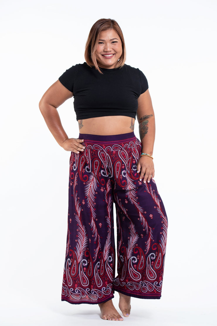 Plus Size Paisley Feathers Palazzo Style Harem Pants in Purple