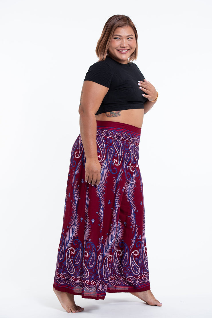 Plus Size Paisley Feathers Palazzo Style Harem Pants in Red