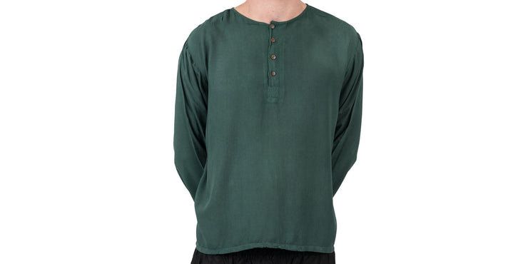 Mens Yoga Shirts No Collar with Coconut Buttons in Dark Teal